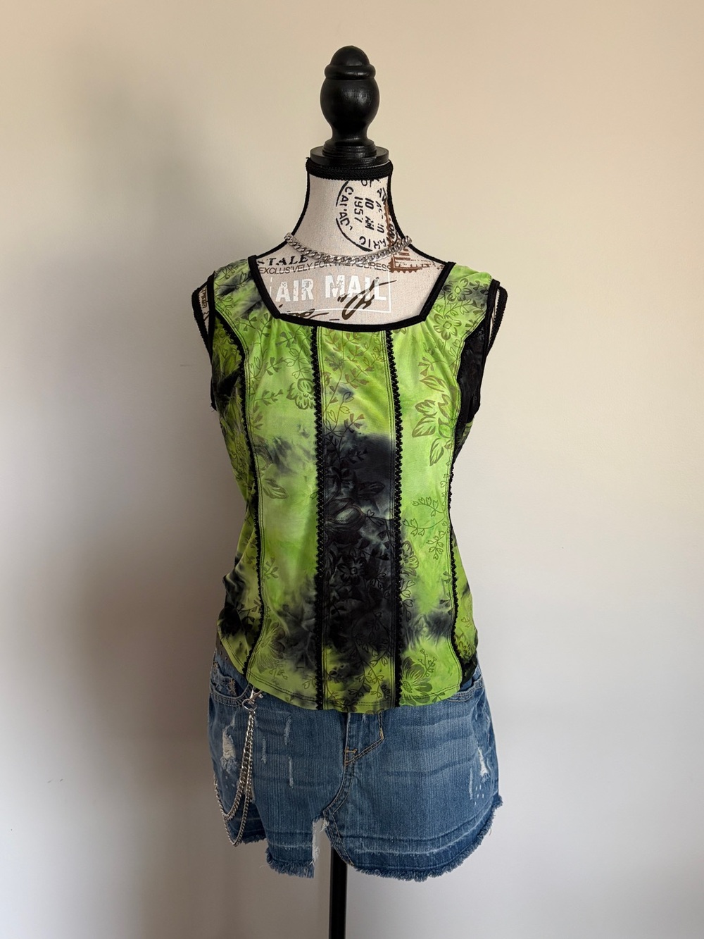 Vintage Y2K Fairy Grunge Mesh Lace Trim Square Neck Tank Top Green Black | Shego